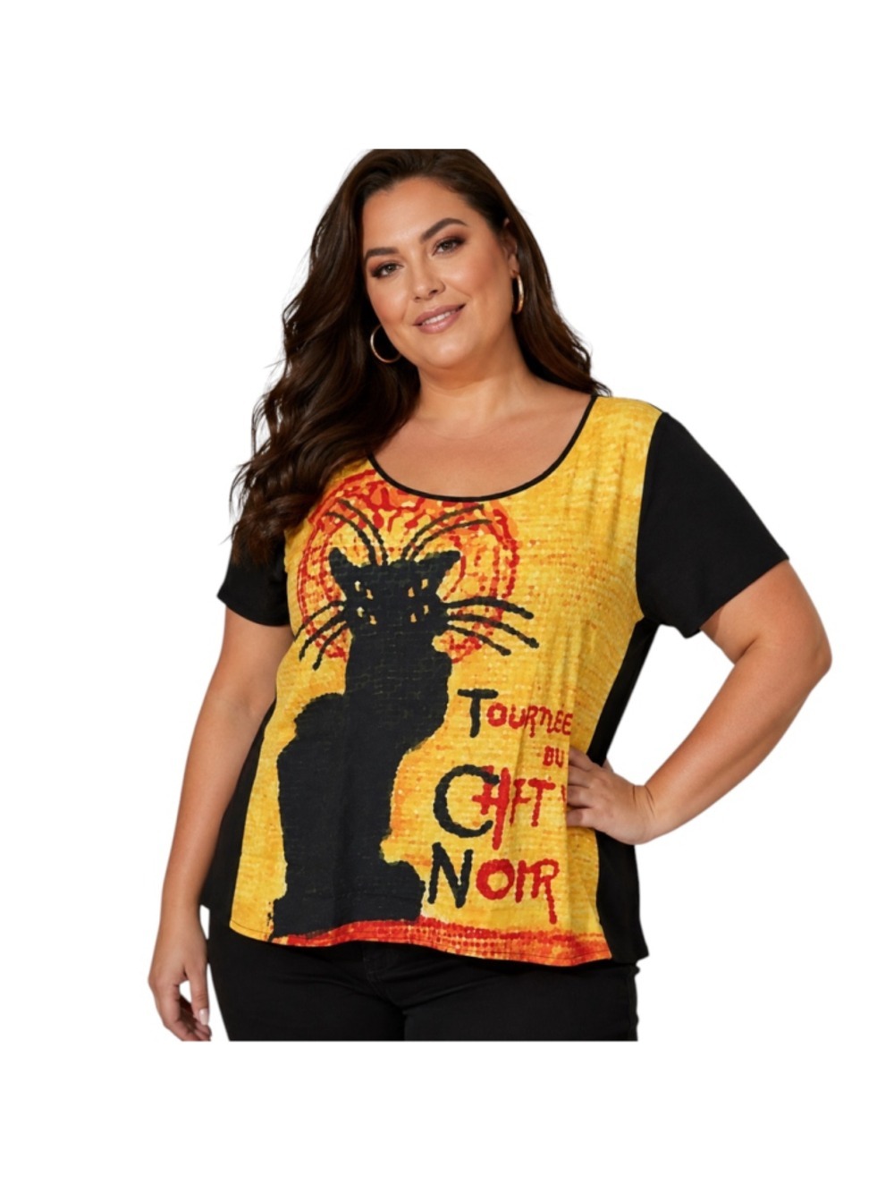 Yellow Black Red Unbranded Cat Graphic Tunic Blouse Women's 2XL